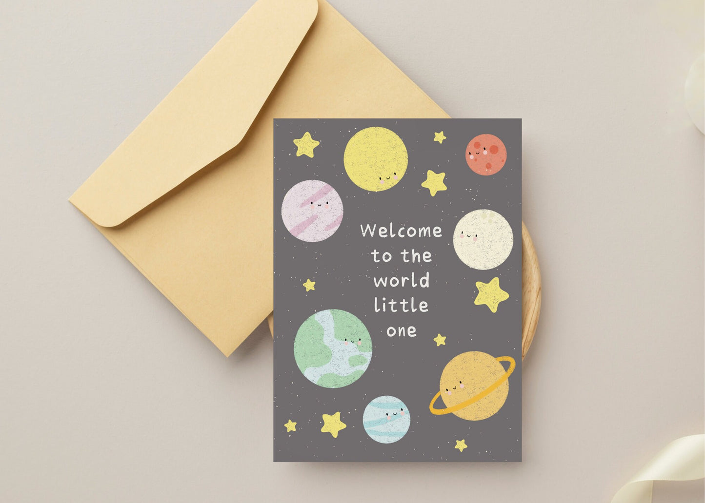 Cute New Baby Card - "Welcome to the World Little One" with Adorable Planets Design
