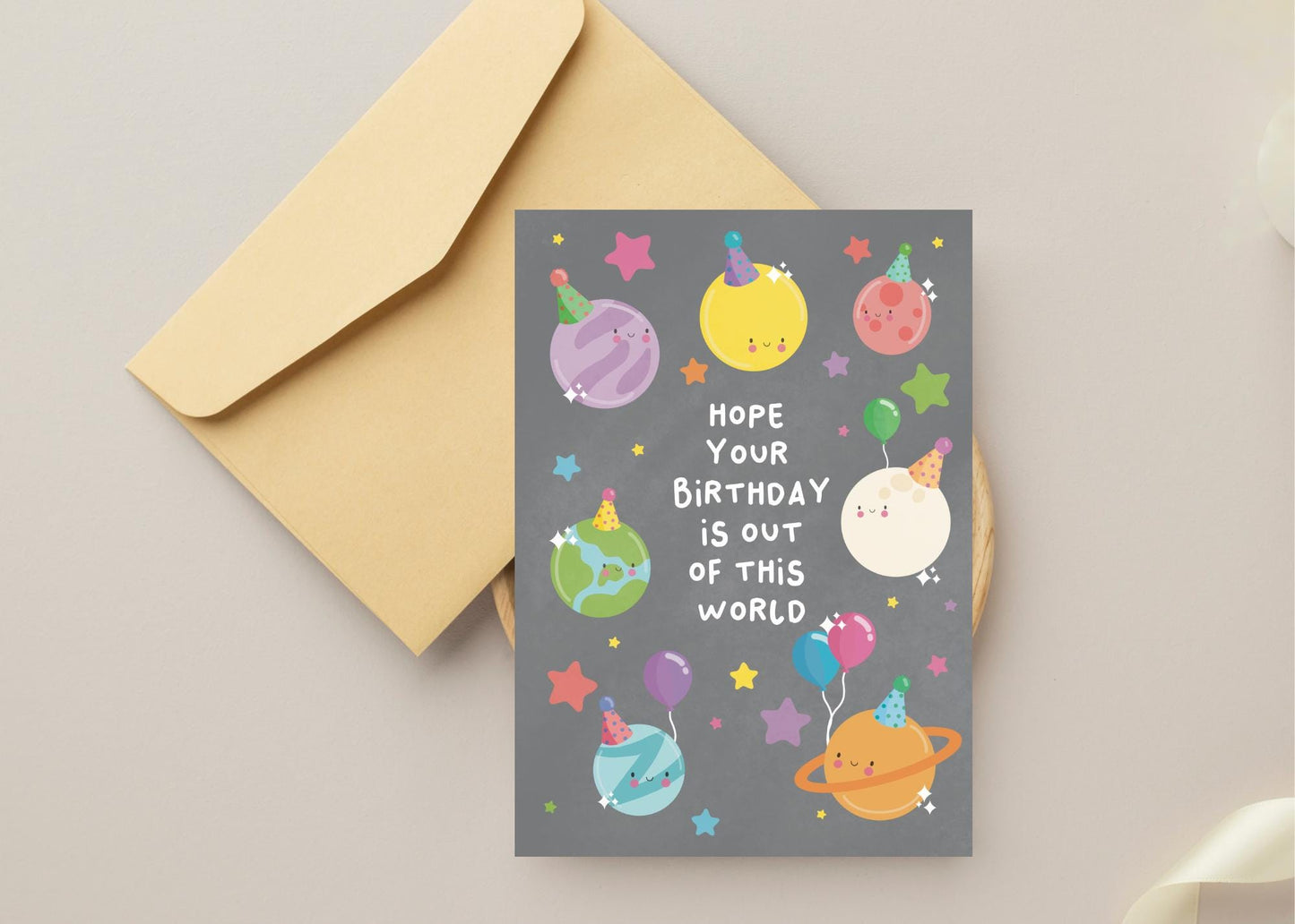Out of This World Birthday Card - Planets with Party Hats - Fun Space-Themed Greeting