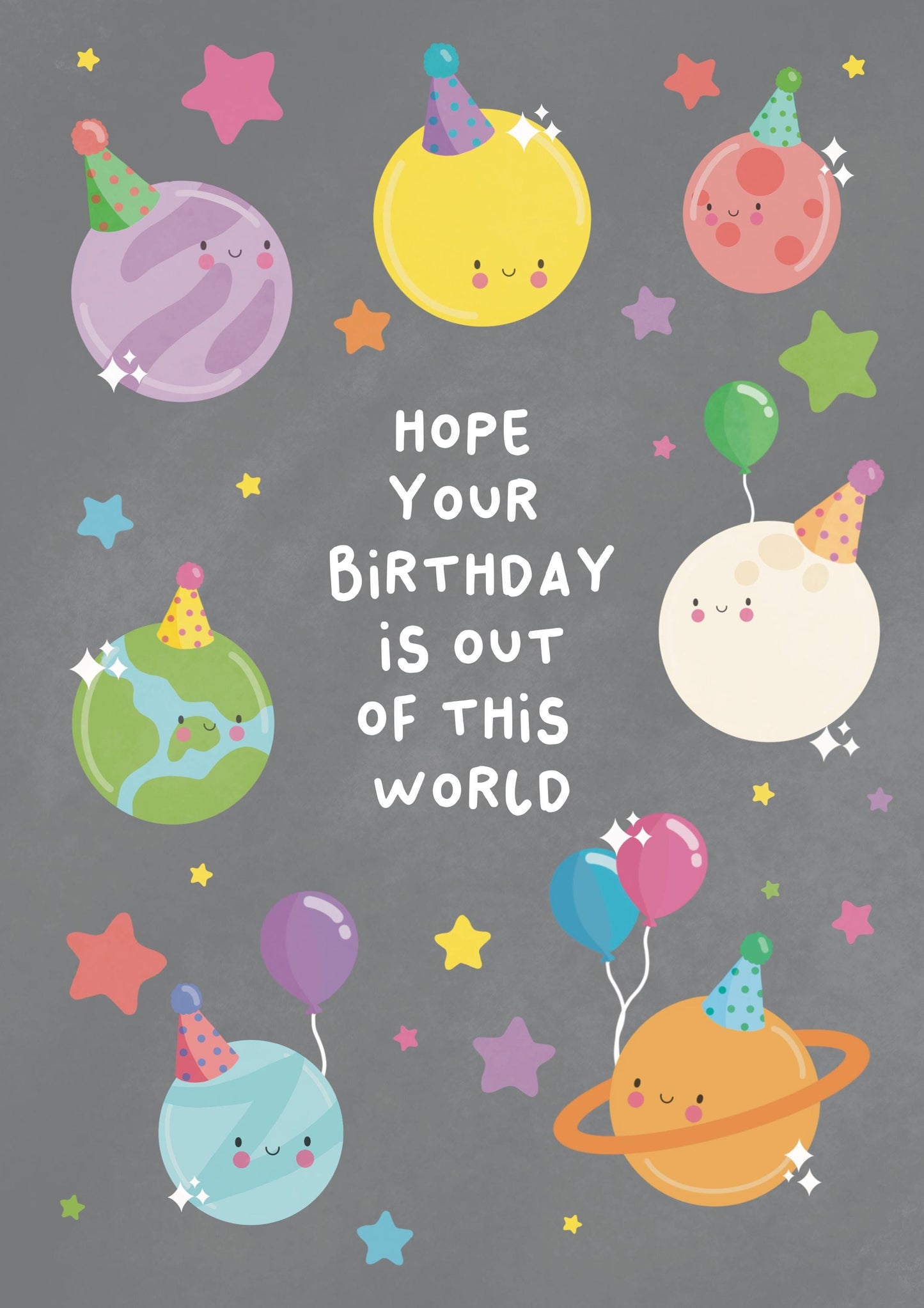 Out of This World Birthday Card - Planets with Party Hats - Fun Space-Themed Greeting