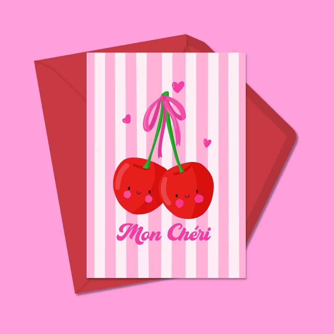 Adorable "Mon Chéri" Valentine's Day Card – Cute Cherry Design with Pink Stripes