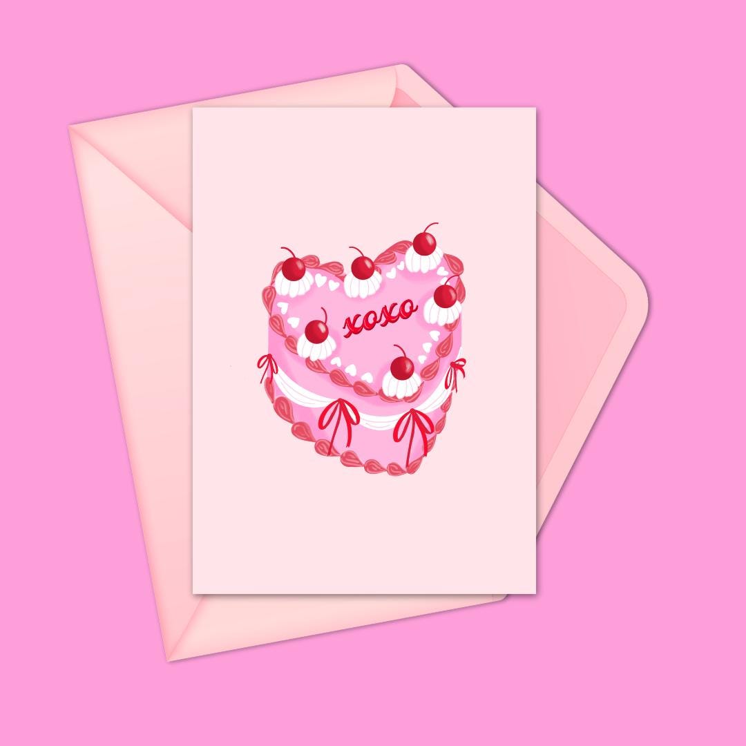 Heart Cake "XOXO" Greeting Card - Sweet Valentine’s Day Card, Love Note, or Anniversary Card
