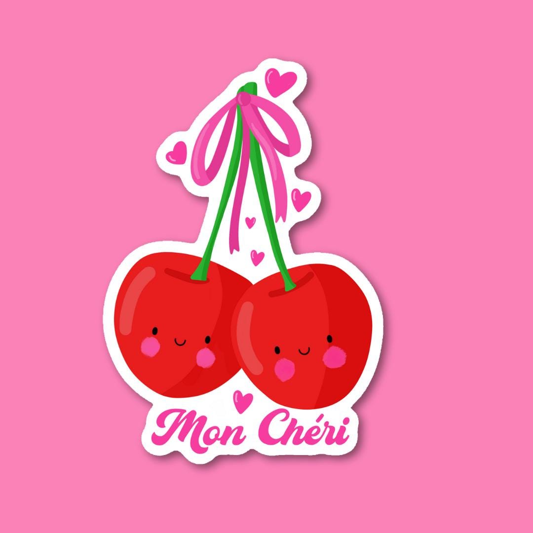 Adorable "Mon Chéri" Cute Cherry Theme Valentine's Day Sticker