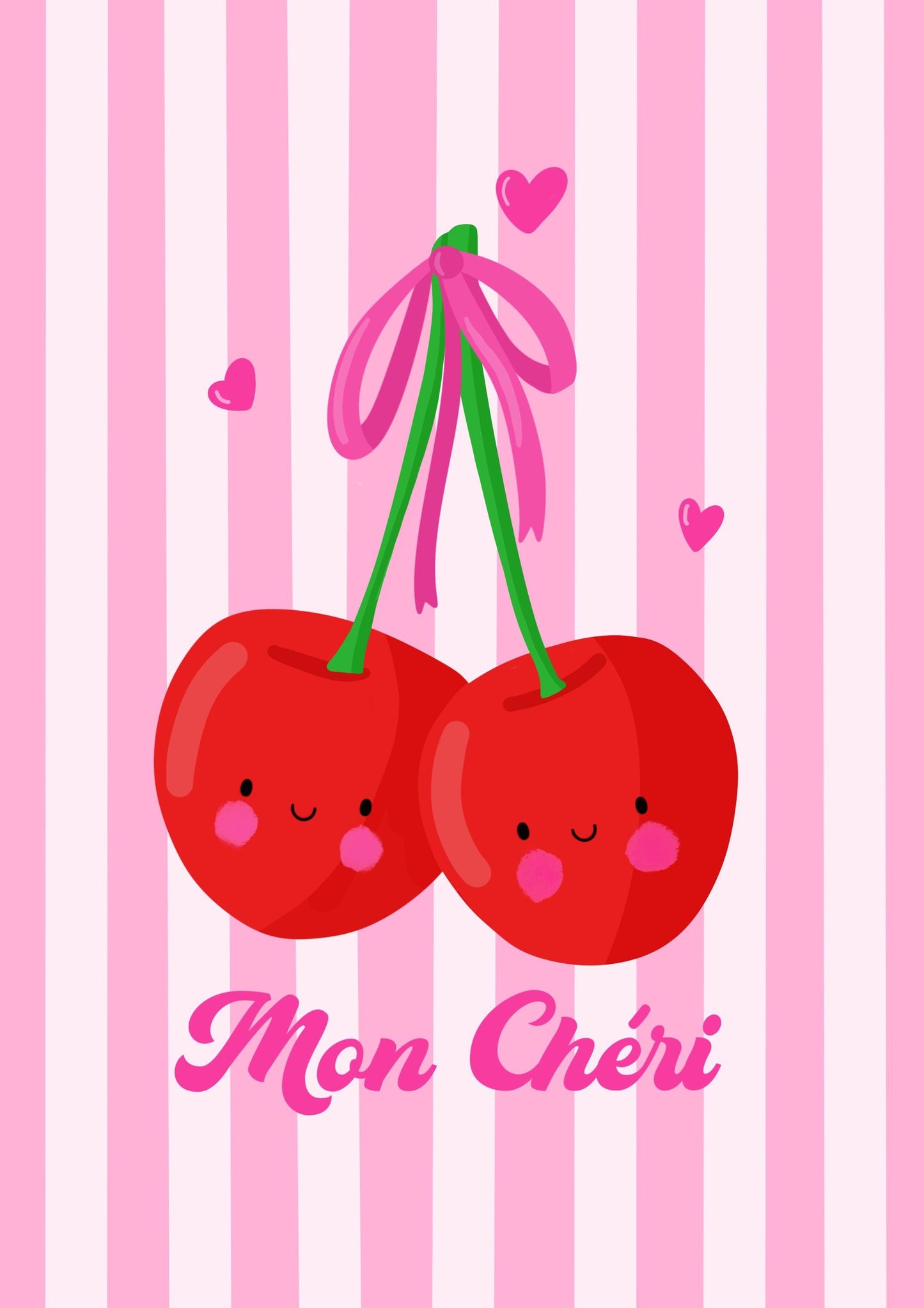 Adorable "Mon Chéri" Valentine's Day Card – Cute Cherry Design with Pink Stripes