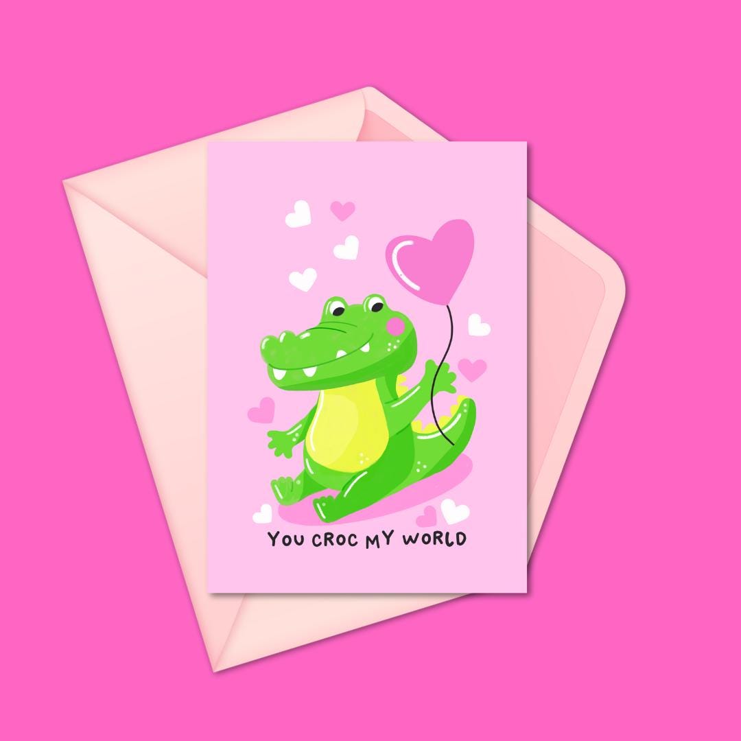 You Croc My World" Greeting Card - Cute Crocodile with Heart Balloon - Funny Valentine's Day Card, Anniversary Card, or Just Because Card