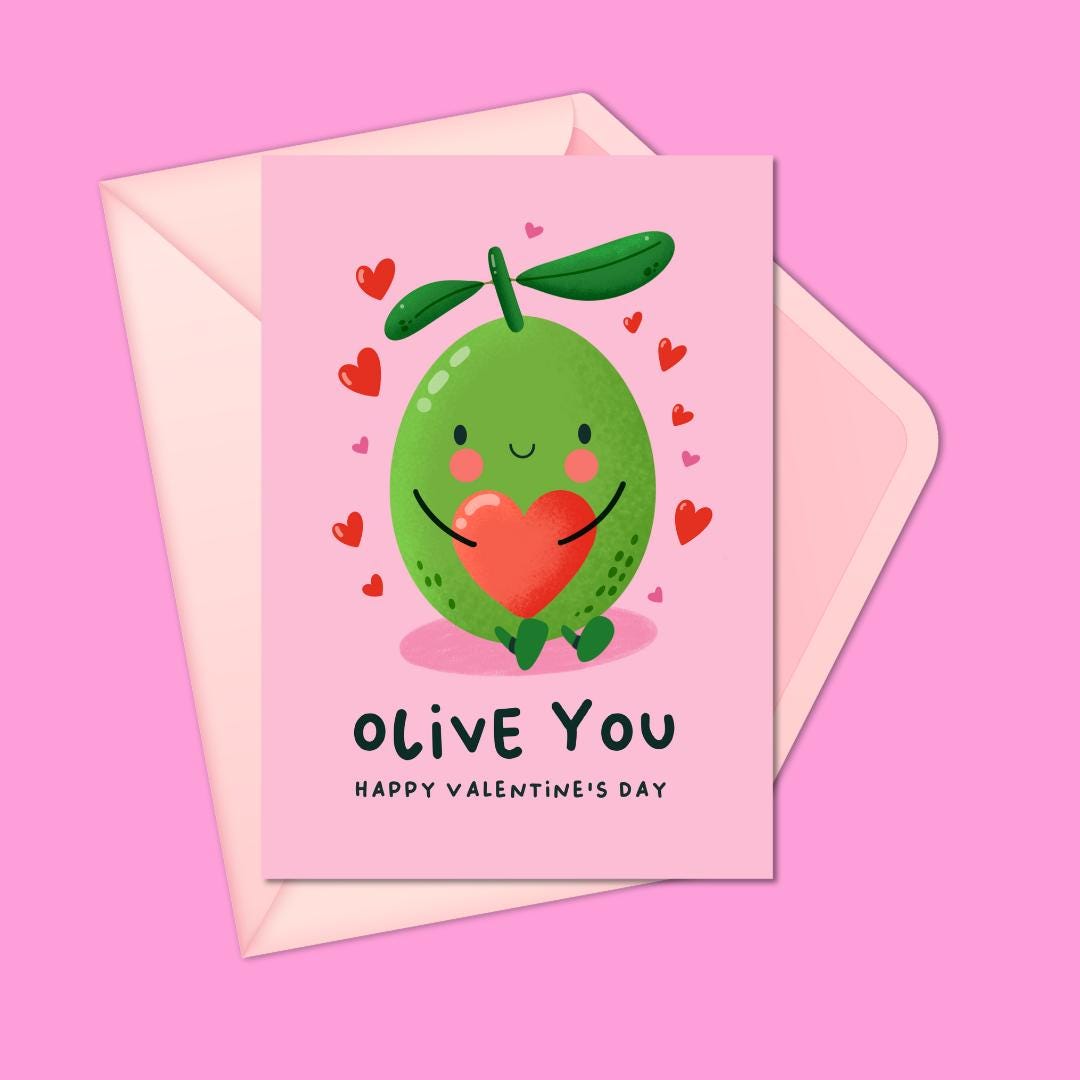 Olive You Greeting Card - Cute Olive with Heart - Funny Valentine's Day Card or Love Note