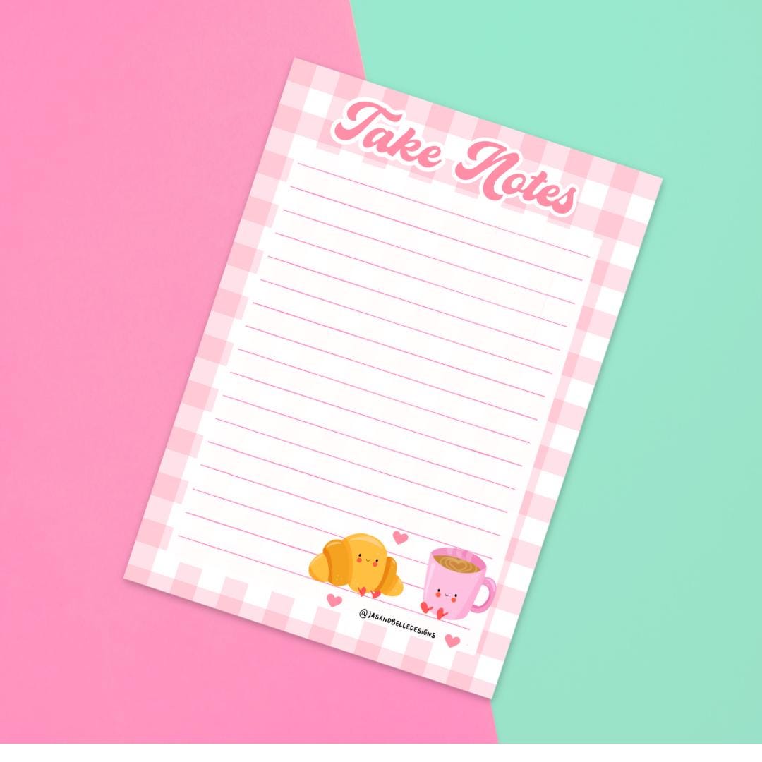 A6 Cute Kawaii Notepad | Pink Gingham | Kawaii Stationery for Notes, Lists and Journaling | Cute Croissant & Coffee Notepad