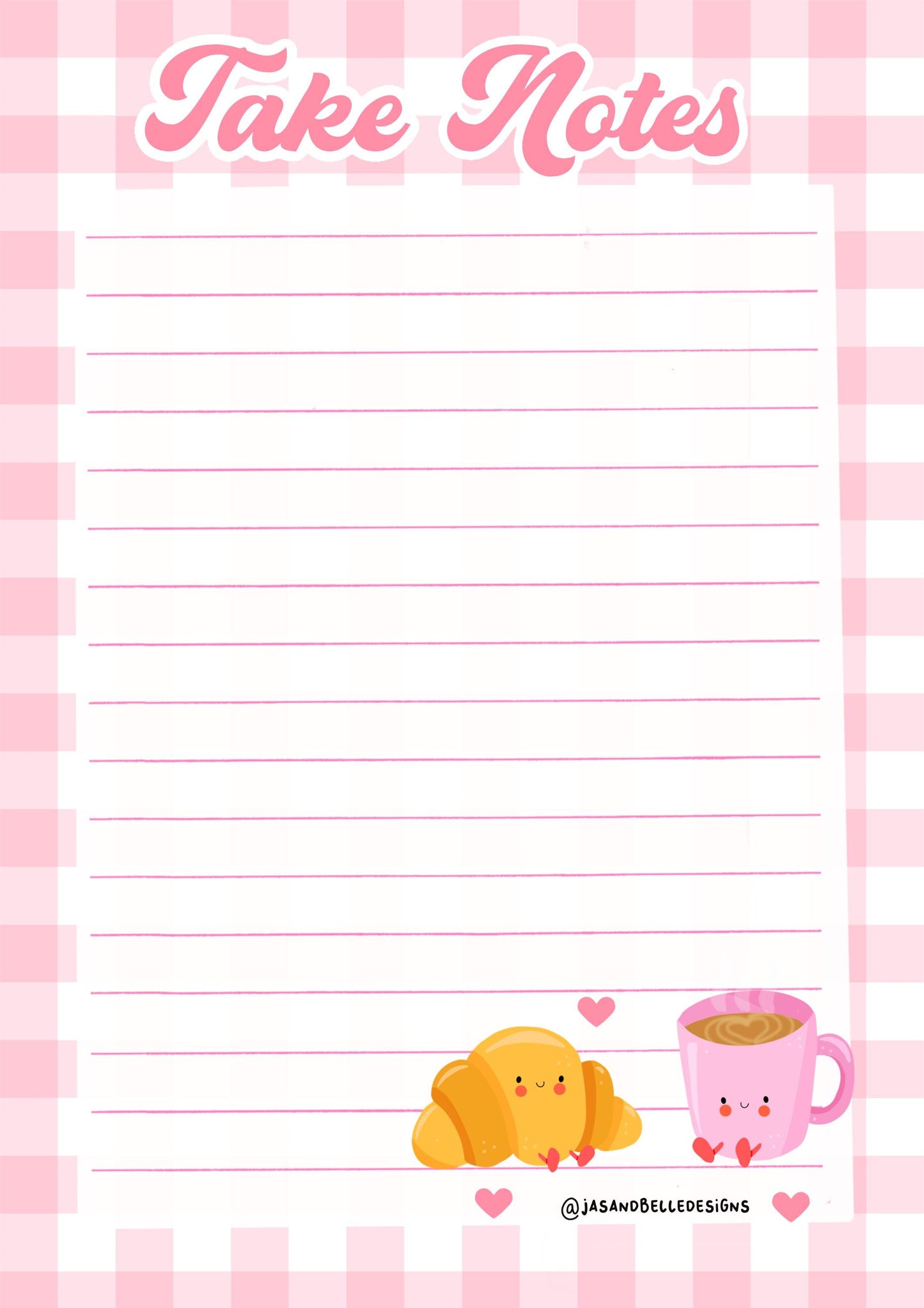 A6 Cute Kawaii Notepad | Pink Gingham | Kawaii Stationery for Notes, Lists and Journaling | Cute Croissant & Coffee Notepad
