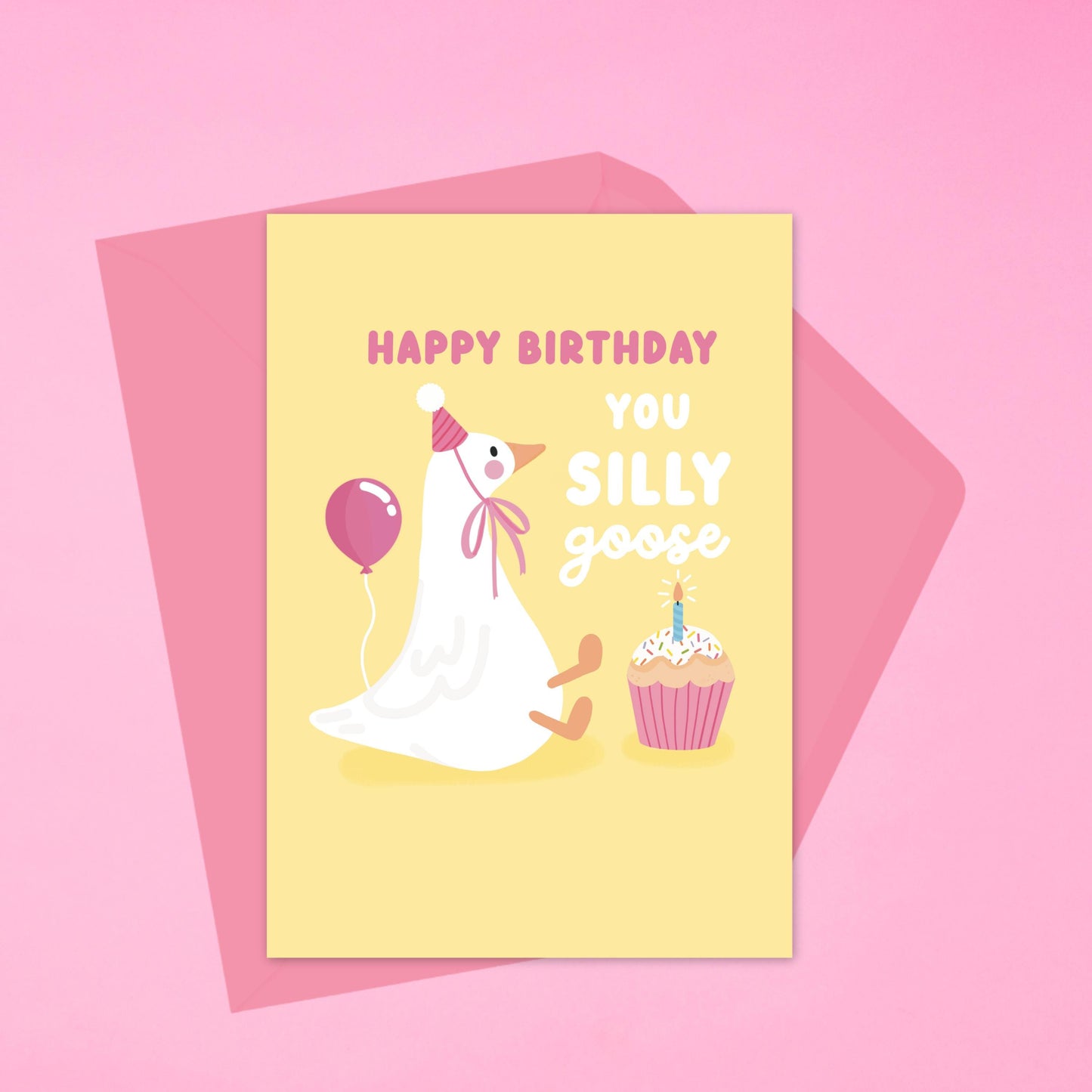 Pink Silly Goose Birthday Card – Cute & Funny Goose Pun Greeting Card, Whimsical Birthday Card for Friends, Cute Animal Birthday Gift