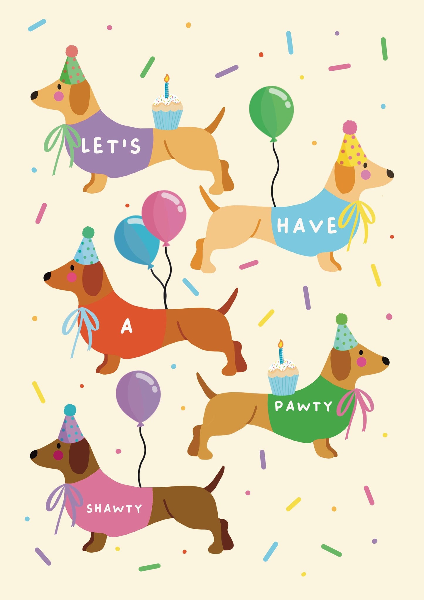 Funny Dachshund Birthday Card – “Let’s Have a Pawty Shawty” – Cute Sausage Dog Design with Balloons & Party Hats