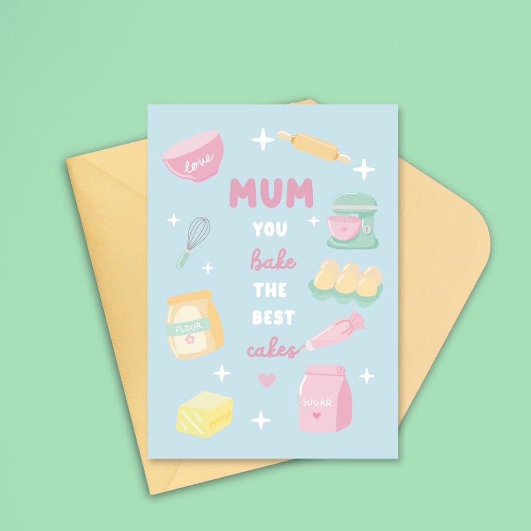Mother’s Day Card for Mum – Bakes The Best Cakes – Handmade Baking Mom Greeting Card – Unique Mom Gift