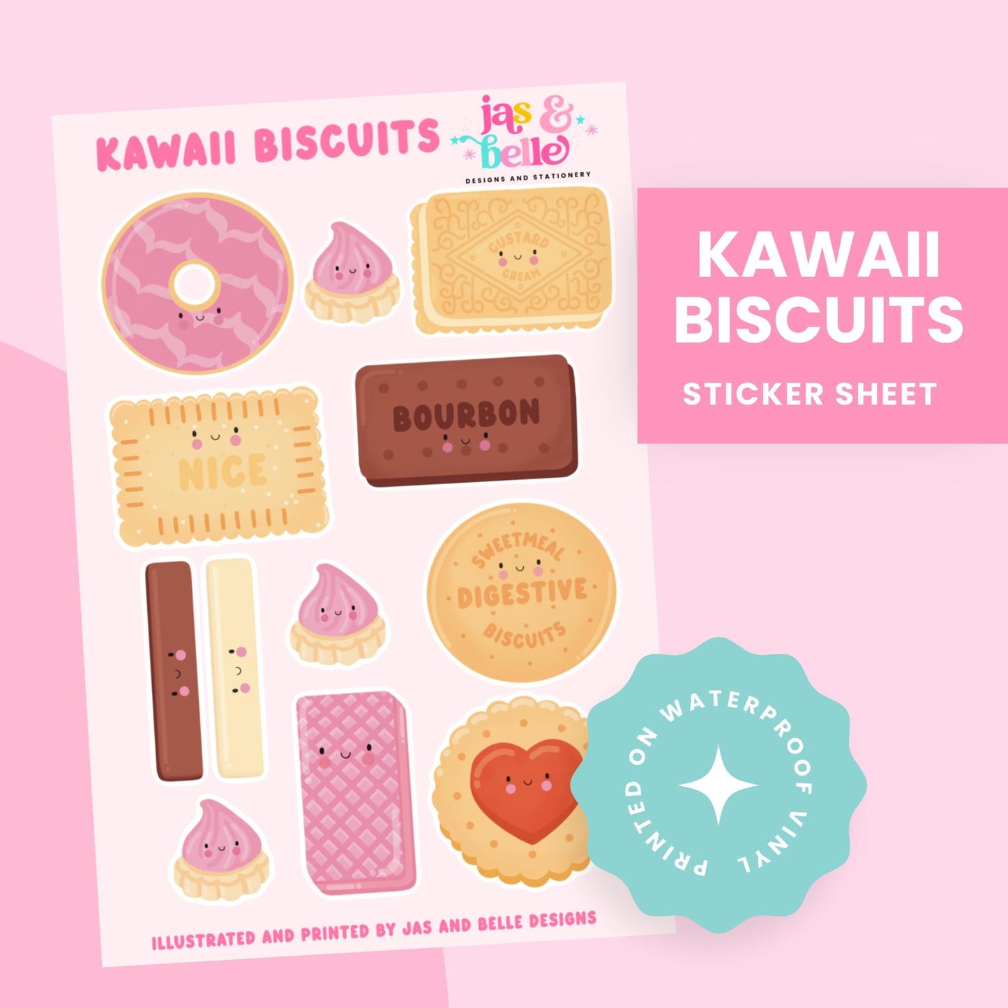 Kawaii Biscuit Sticker Sheet – Cute Waterproof Vinyl Stickers | Bakery Snack Stickers for Journaling, Scrapbooking, Laptops & Gifts