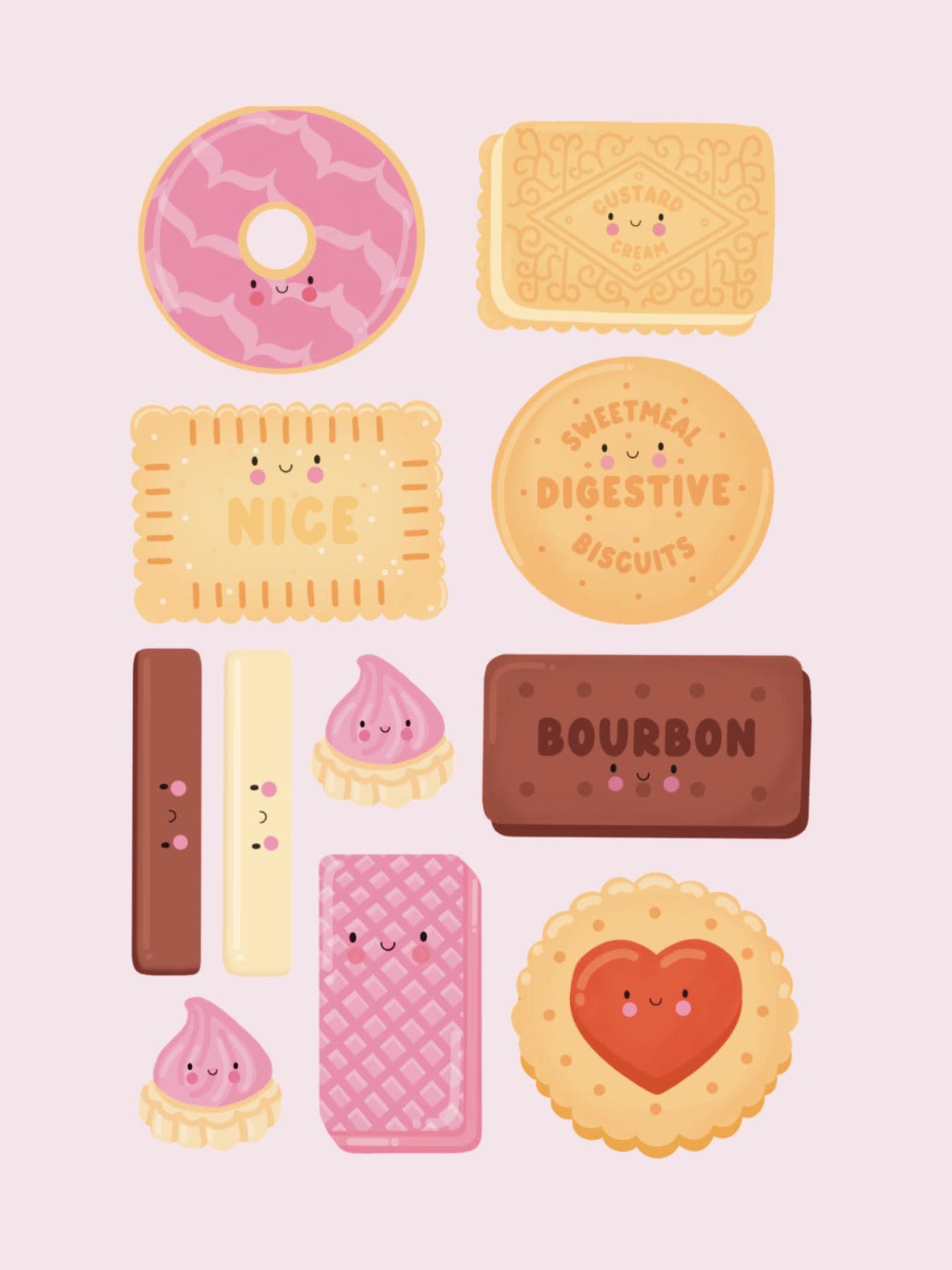 Cute Kawaii British Biscuit Print – Pastel Aesthetic Wall Art| Fun UK Biscuit Lover Poster | Kitchen Decor | Cosy Tea & Biscuit Illustration