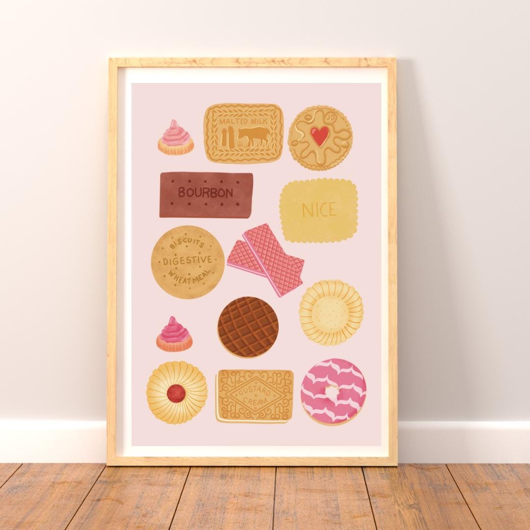 British Biscuit Art Print A4 – Cute Illustrated Wall Art Featuring Classic UK Biscuits – Kitchen Decor, Tea Lover Gift, Foodie Artwork