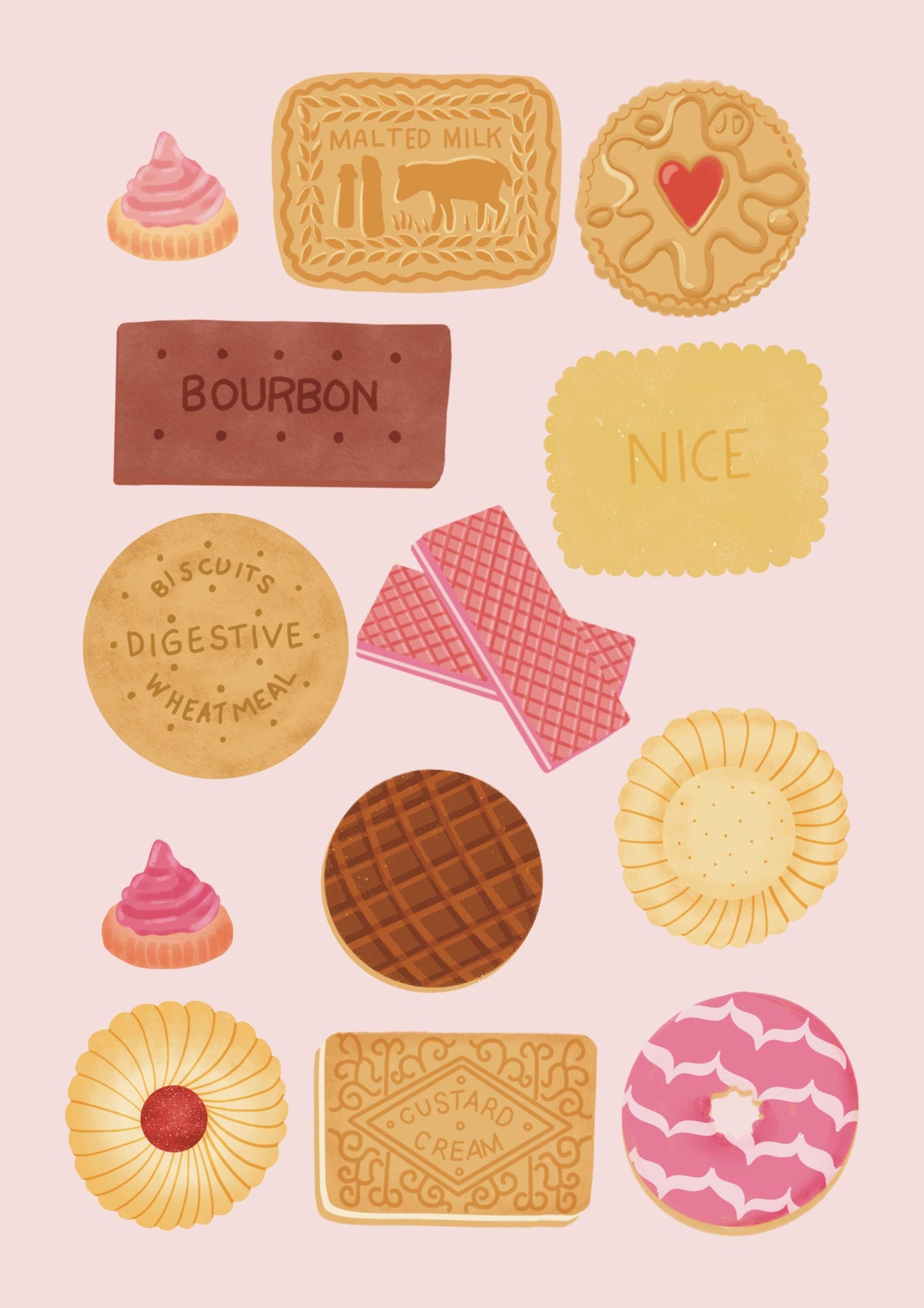 British Biscuit Art Print A4 – Cute Illustrated Wall Art Featuring Classic UK Biscuits – Kitchen Decor, Tea Lover Gift, Foodie Artwork