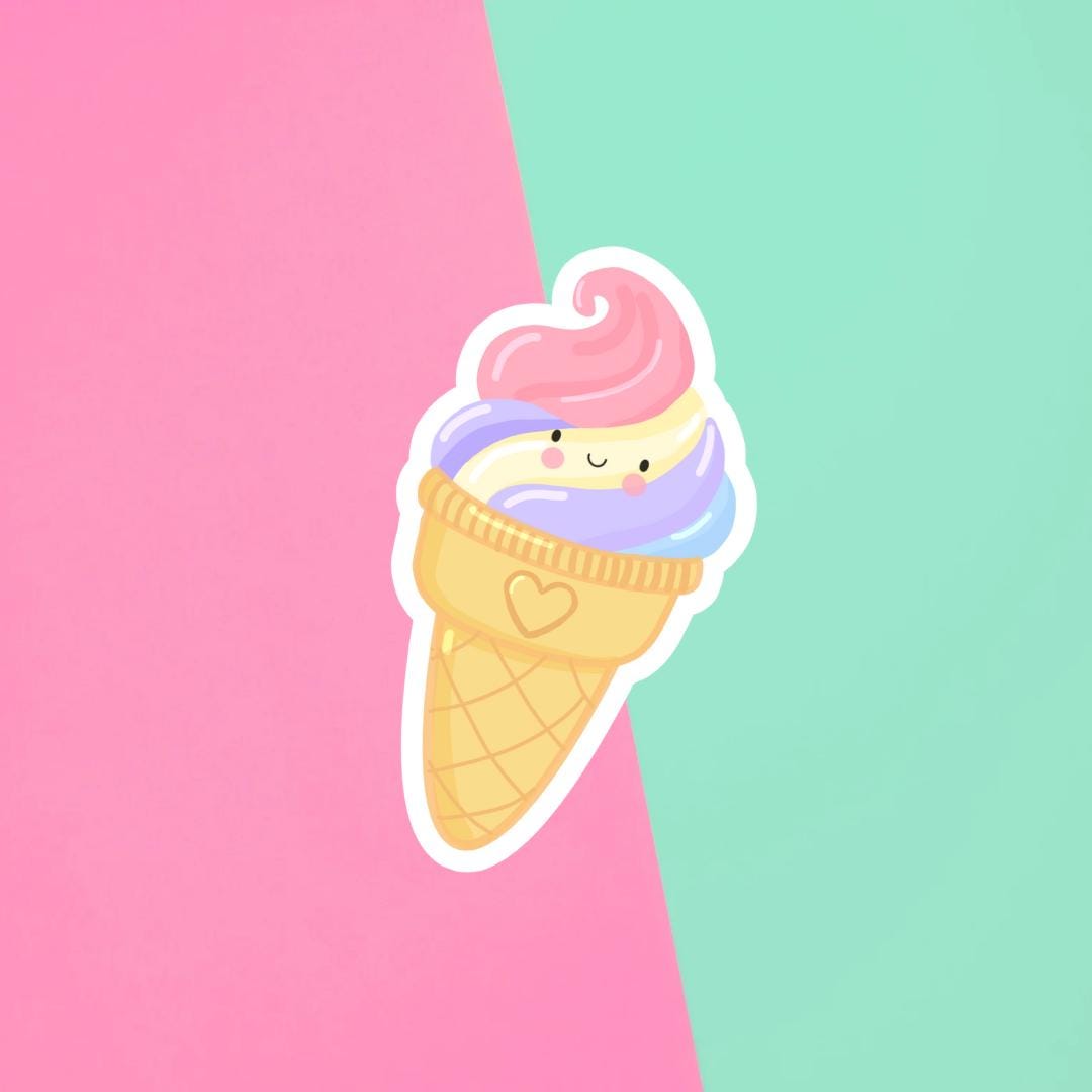 Kawaii Ice Cream Sticker – Cute Pastel Dessert Sticker, Whimsical Vinyl Sticker for Laptops, Water Bottles, & Journals