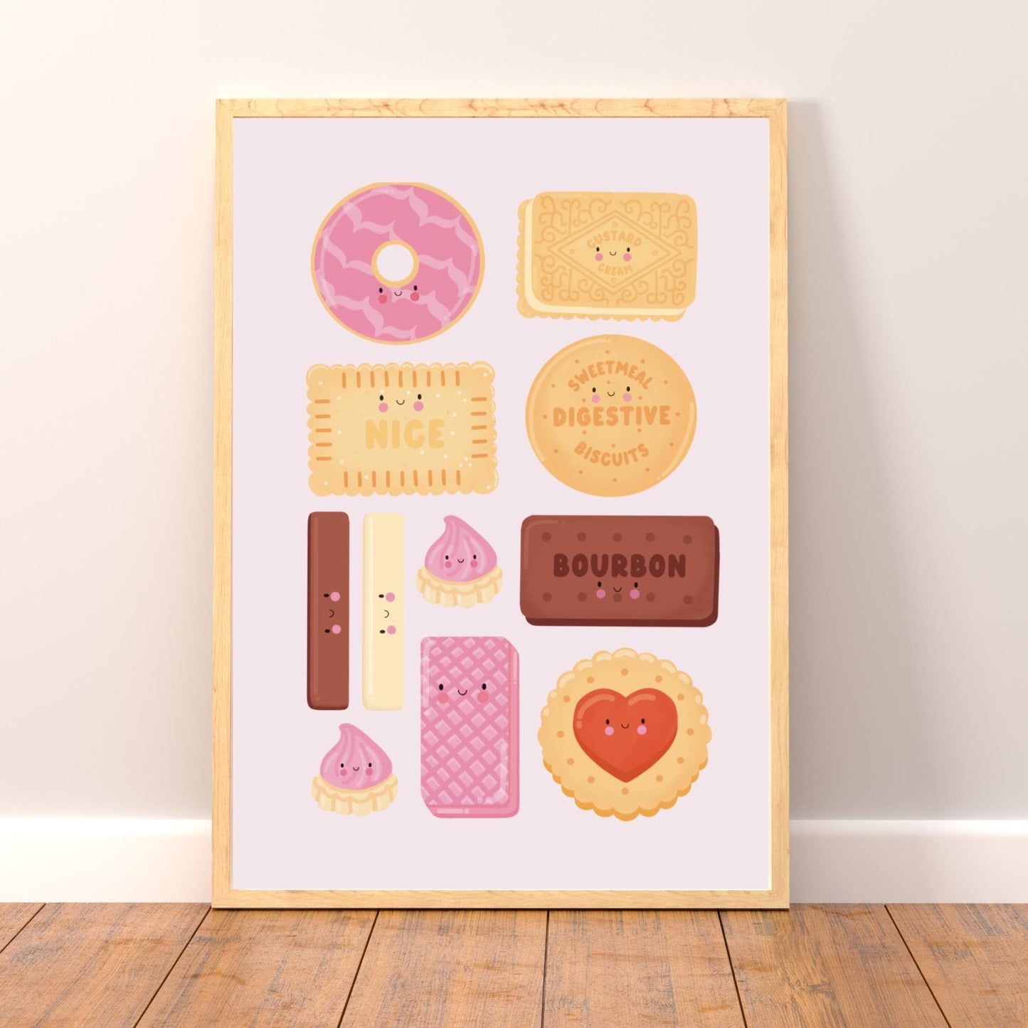 Cute Kawaii British Biscuit Print – Pastel Aesthetic Wall Art| Fun UK Biscuit Lover Poster | Kitchen Decor | Cosy Tea & Biscuit Illustration
