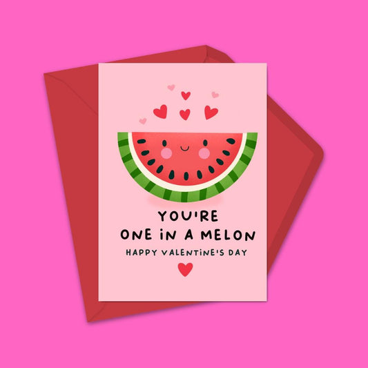 One in a Melon Valentine’s Day Card – Cute Pun Greeting Card for Him or Her – Funny Watermelon Card – Handmade Valentine Card